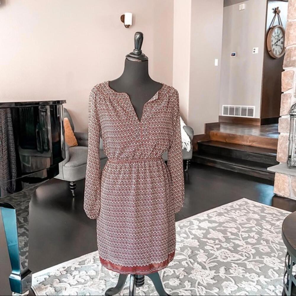 Max Studio Boho Maroon Print Dress XS Bishop Sleeve Cinched Waist
